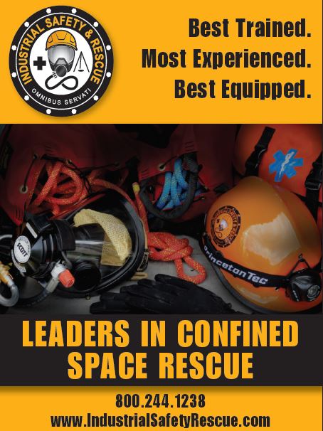 Rectangular ad. A top orange bar has, from left to right, the company logo (a series of black and white circles and dots around an inner section that has a mask surrounded by the words "Industrial Safety & Rescue. Omnibus Servati."). Next it says, "Best Trained. Most Experienced. Best Equipped." Below this are various orange and blue ropes and hardhats. In the bottom, written in orange in a black bar, it reads "Leaders in Confined Space Rescue". Written in black in an orange bar is "800.244.1238" and "https://www.industrialsafetyrescue.com/