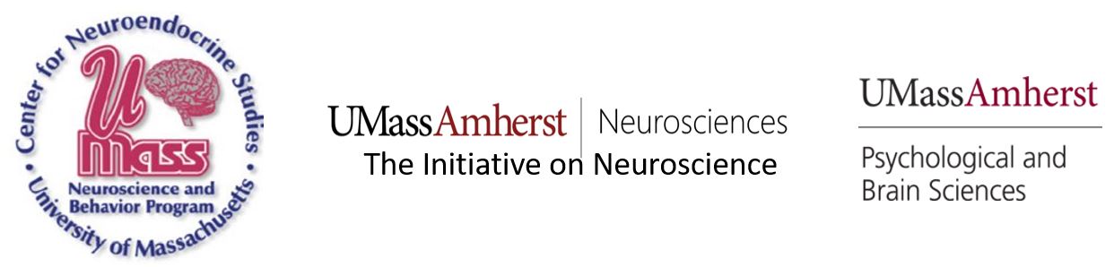 Image displays logos of symposium sponsors. The first logo is a circle of text reading "Center for Neuroendocrine Studies, University of Massachusetts" with an image of a brain and the words "UMass Neuroscience and Behavior Program" in the middle of the circle. The next logo is a horizontal logo reading "UMass Amherst, Neurosciences" followed by "The Initiative of Neuroscience" on the next line, in black and maroon text. The third logo has the words "UMass Amherst" above a line, and below the line is the text "Psychological and Brain Sciences", again in black and maroon colors.